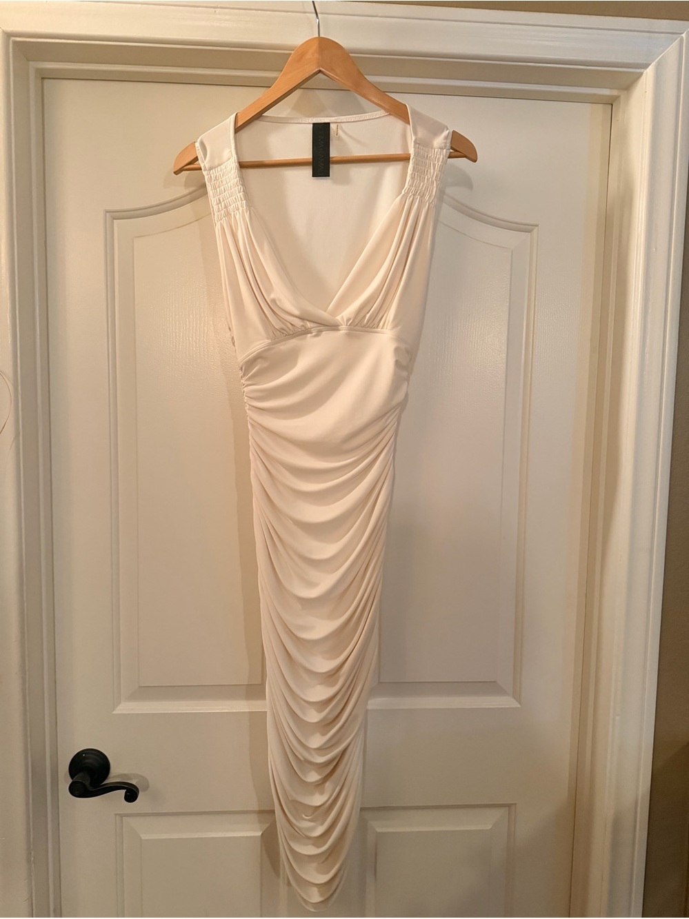 Norma Kamali Sleeveless Ivory Ruched V-Neck Midi Dress EUC